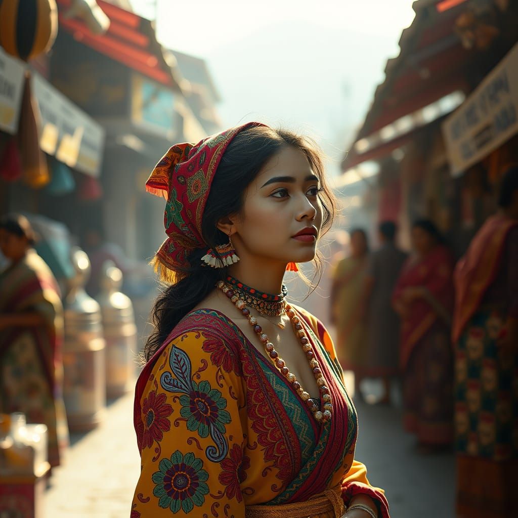 Vibrant Woman in Marketplace: Folk Art and Digital Painting