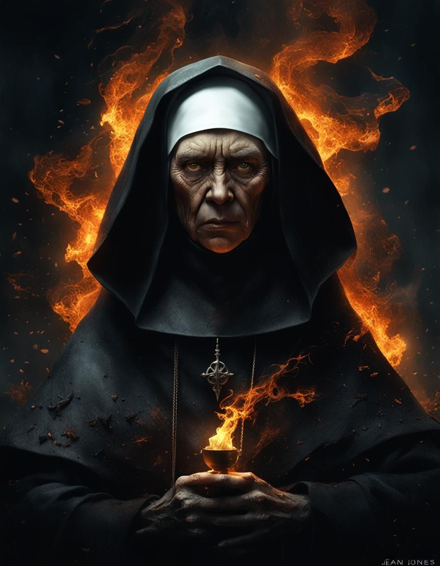 Dark Fantasy Nun Engulfed in Black Flames