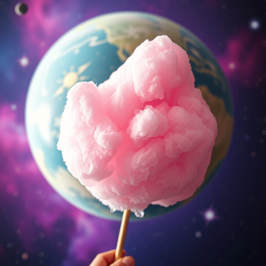 Starry Galactic Cotton Candy Held in a Cosmic Carnival Backg...
