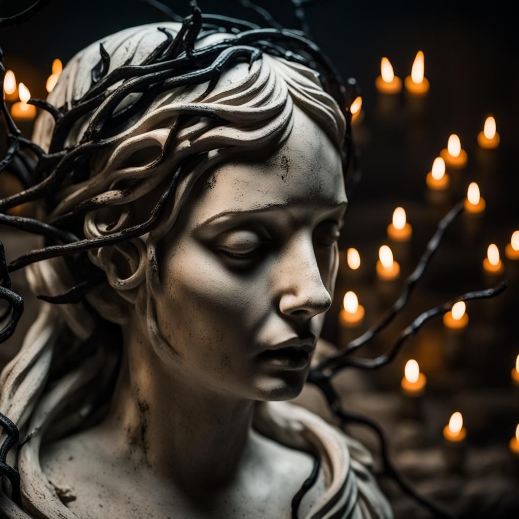 Mysterious Statue in Torchlit Catacomb