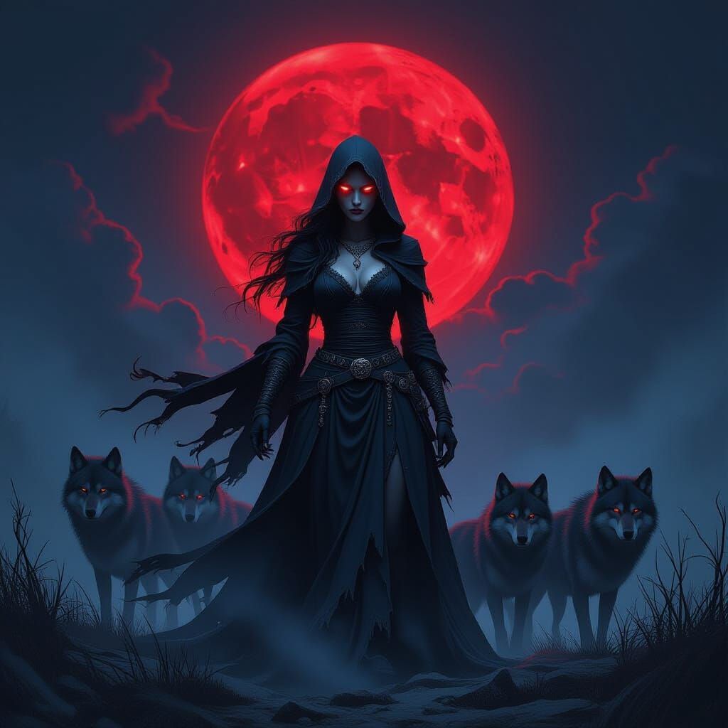 Empowered Witch Rises with Wolves Under Blood Moon