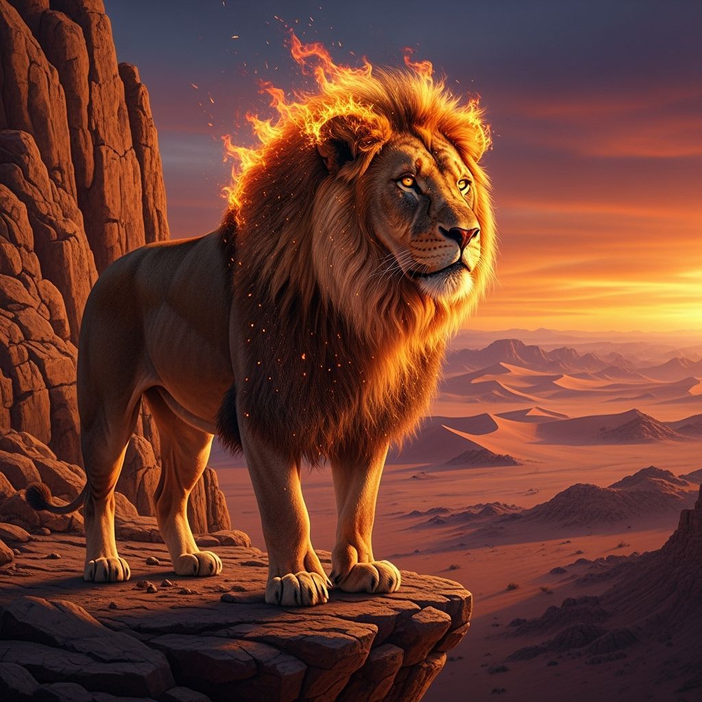 Lion with Flaming Mane Overlooking Desert Sunset