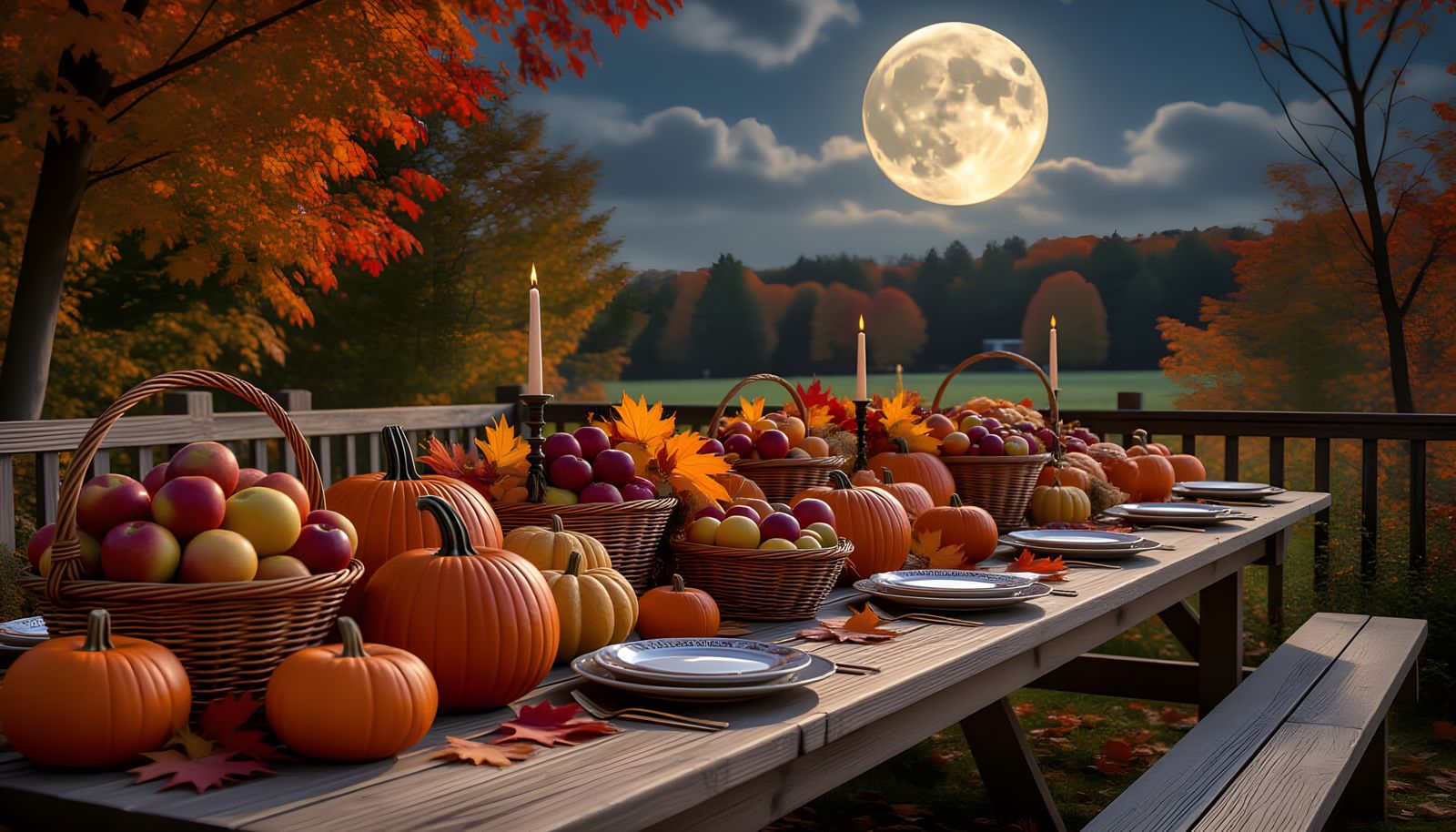 Festive Autumn Harvest Table Under Moonlit Sky