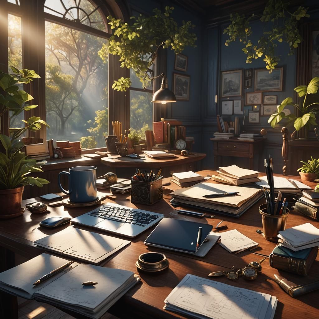 Bright Desk Scene in Detailed Matte Painting Style