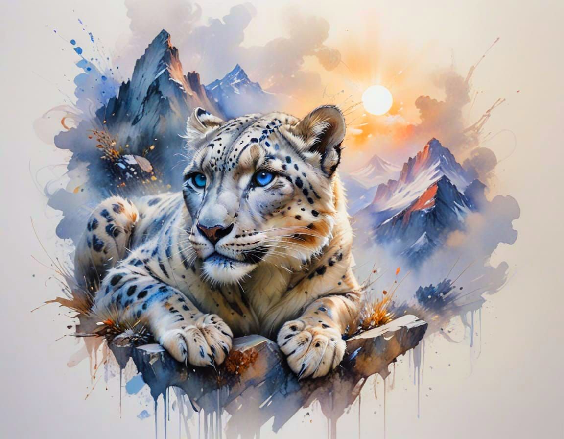 Snow Leopard on Misty Mountain Ledge in Watercolor Splashes