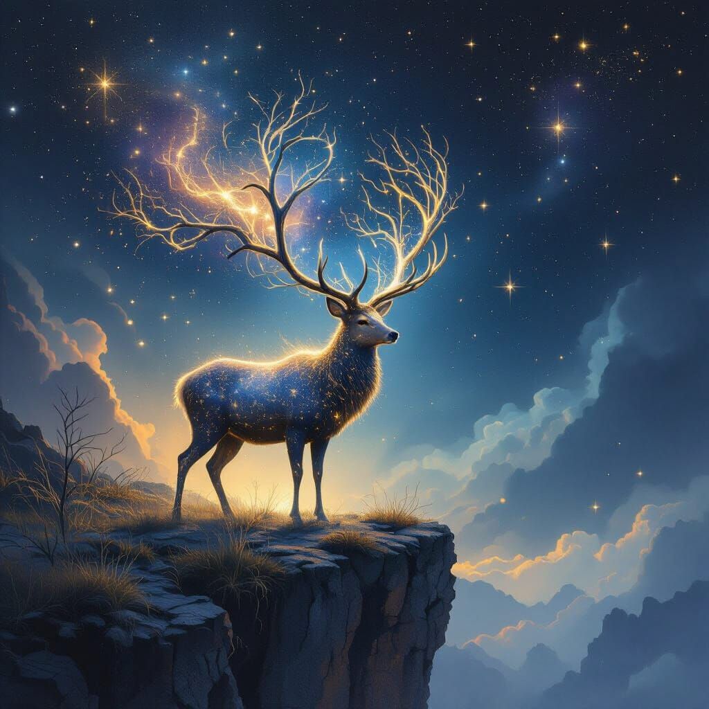 Stardust Deer with Celestial Tree Antlers on Cliff Edge