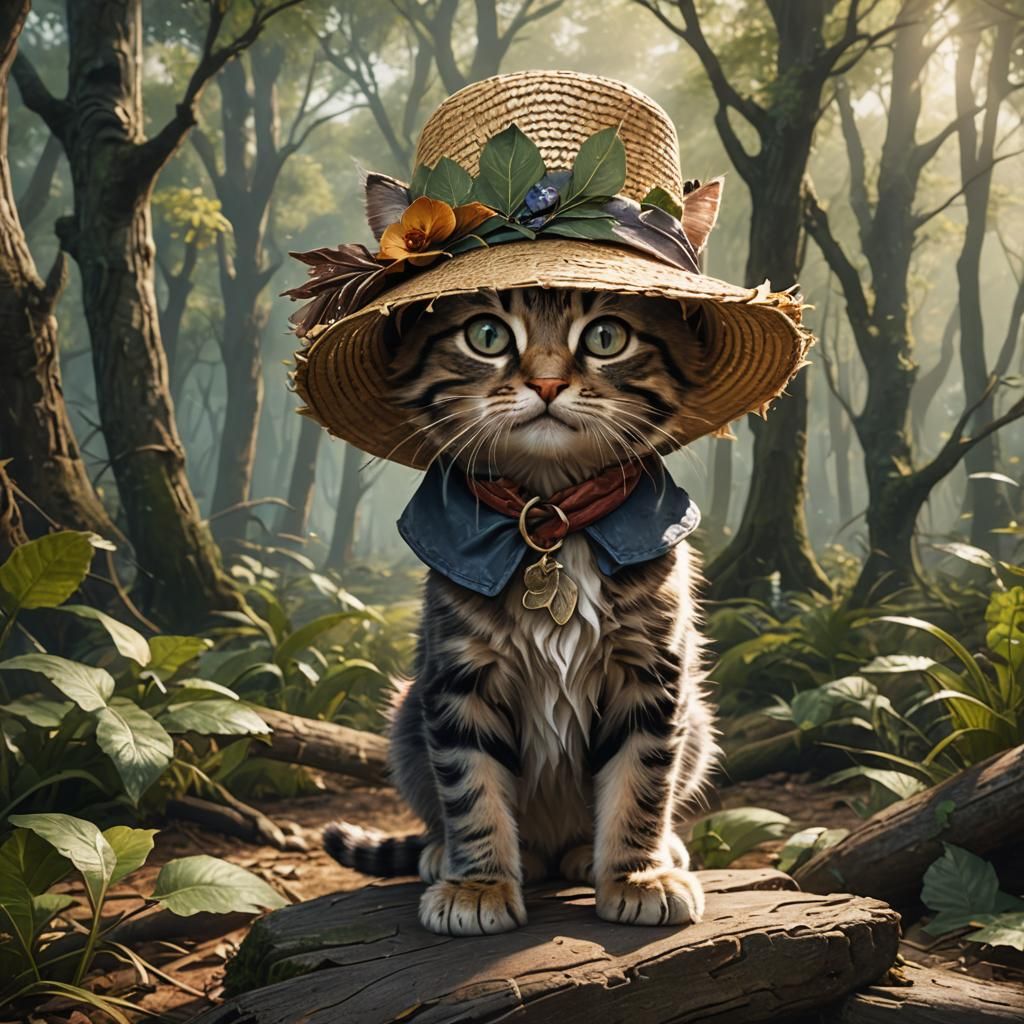 Kitten in Straw Hat: Detailed Countryside Painting