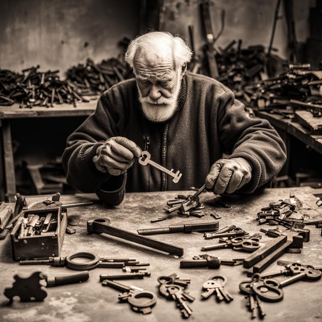 Old Man Crafts Key in Workshop