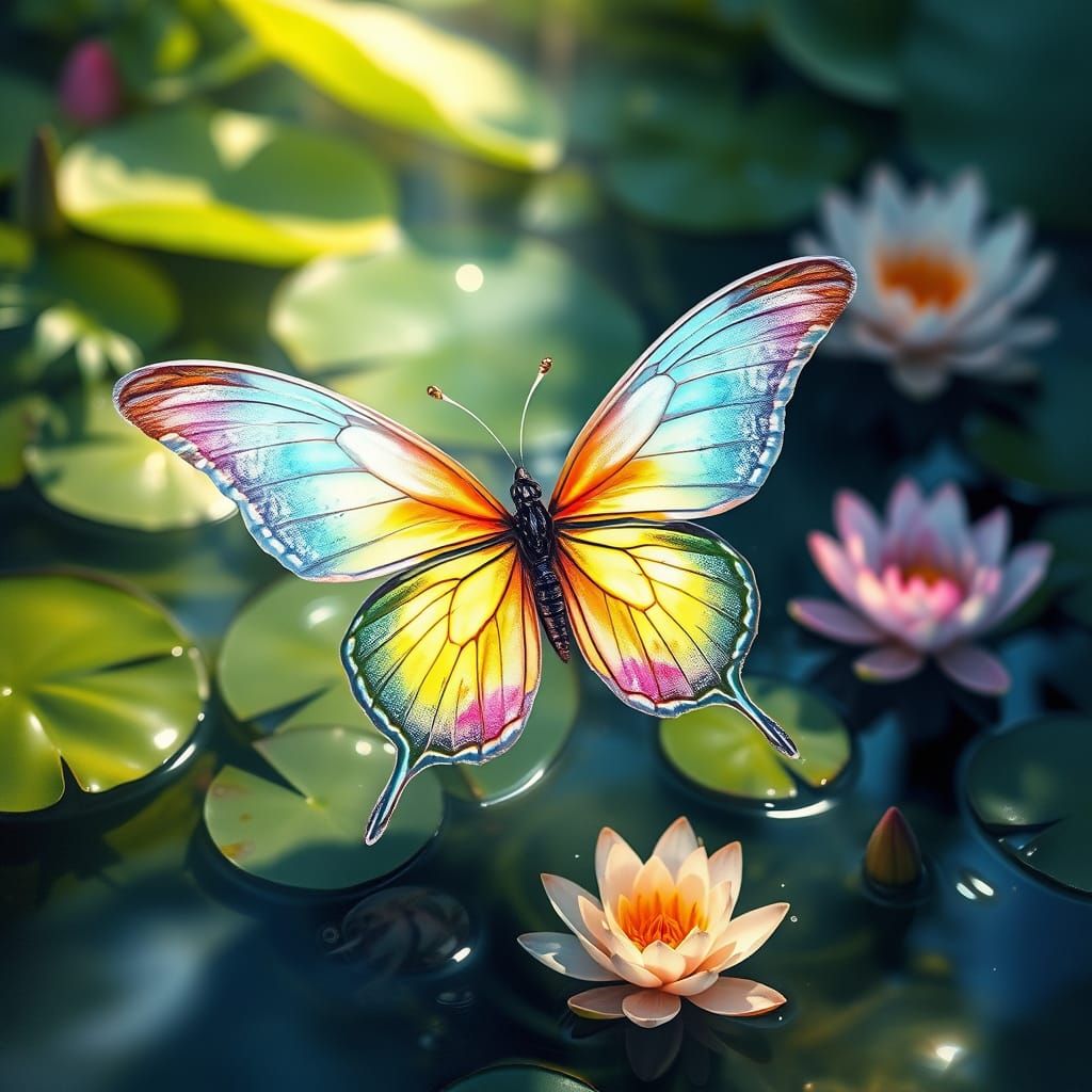 Whimsical Watercolour Butterfly in a Serene Aquatic Garden