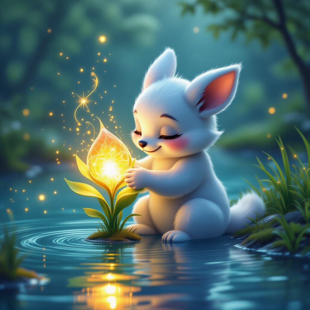 Magical Animal Hugs Glowing Plant in Fantasy Art Style