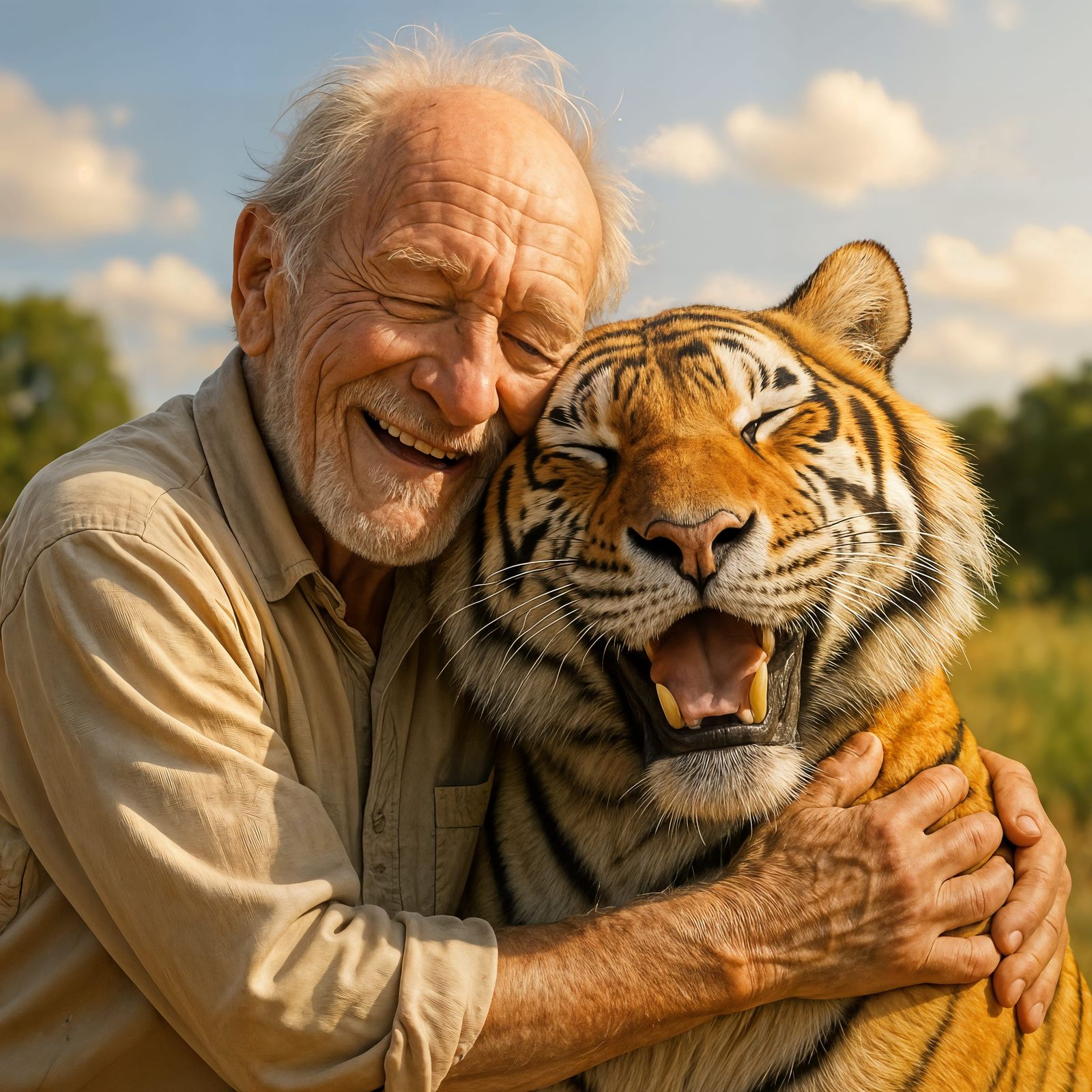 Heartwarming CGI Image: Man Hugging Happy Tiger
