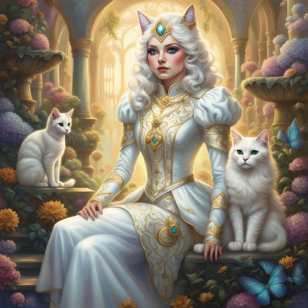 Hyperrealistic White Cat Woman in Fairycore Style
