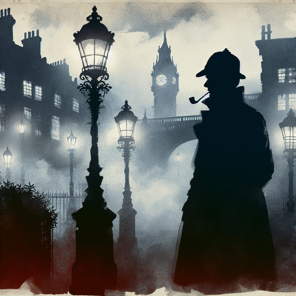 Silhouette of a man standing next to an ornate lamppost in London