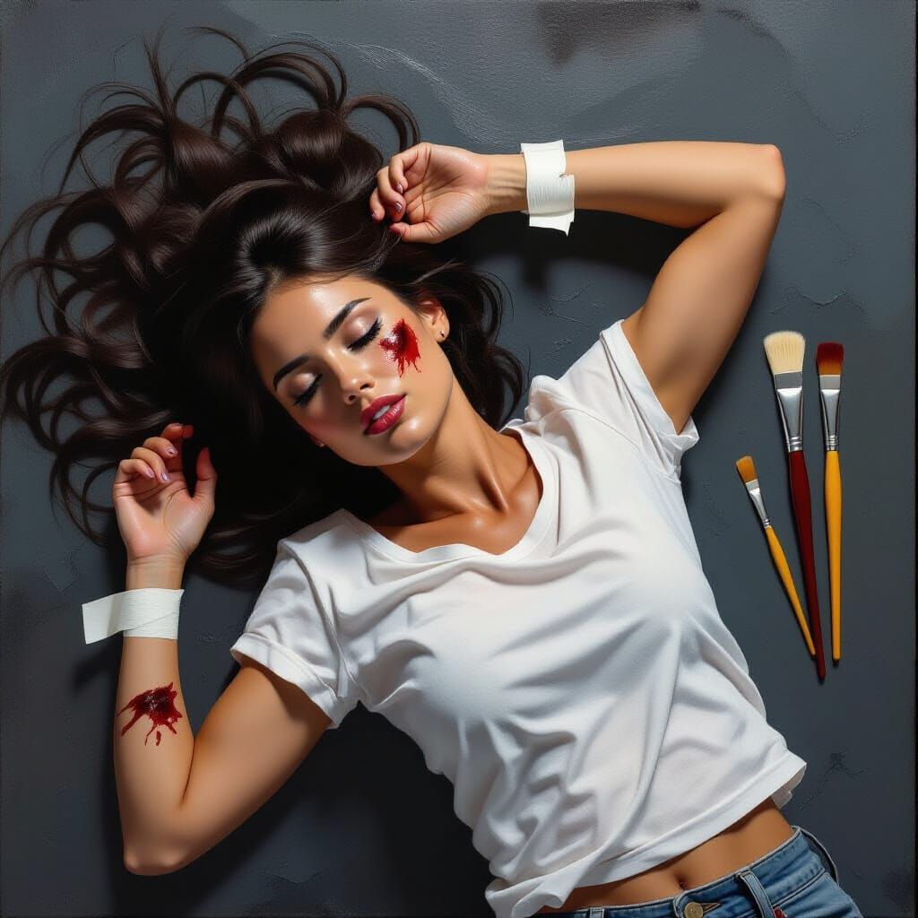 Exhausted Woman on Textured Surface, Dramatic Lighting