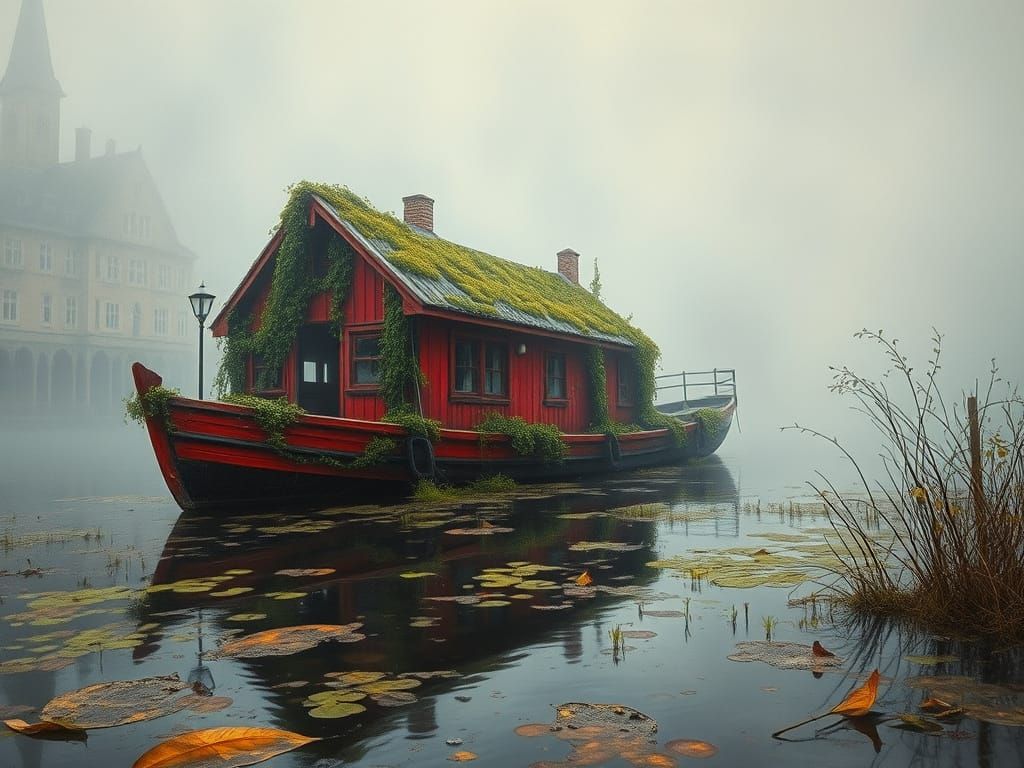 Mossy Red Houseboat on Foggy River: Hyperrealistic