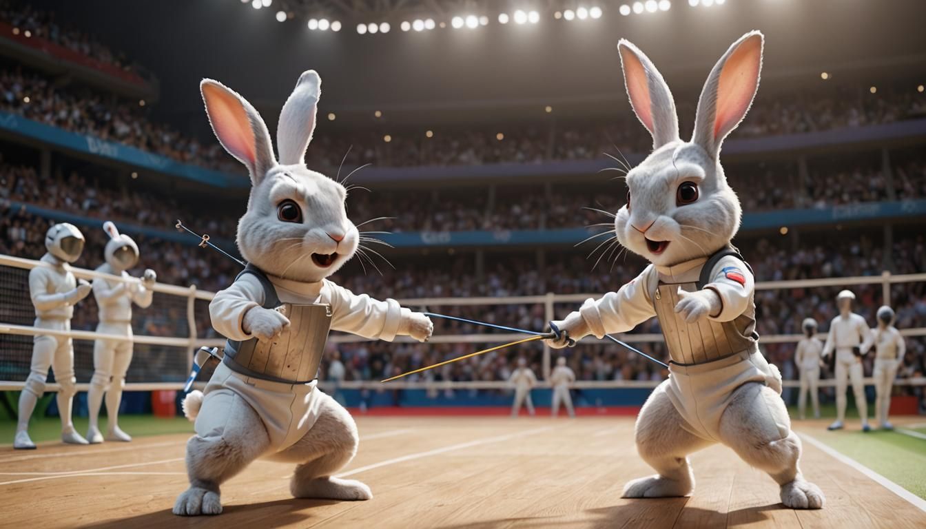 Bunnies Fencing at the Olympics in Pixar Style