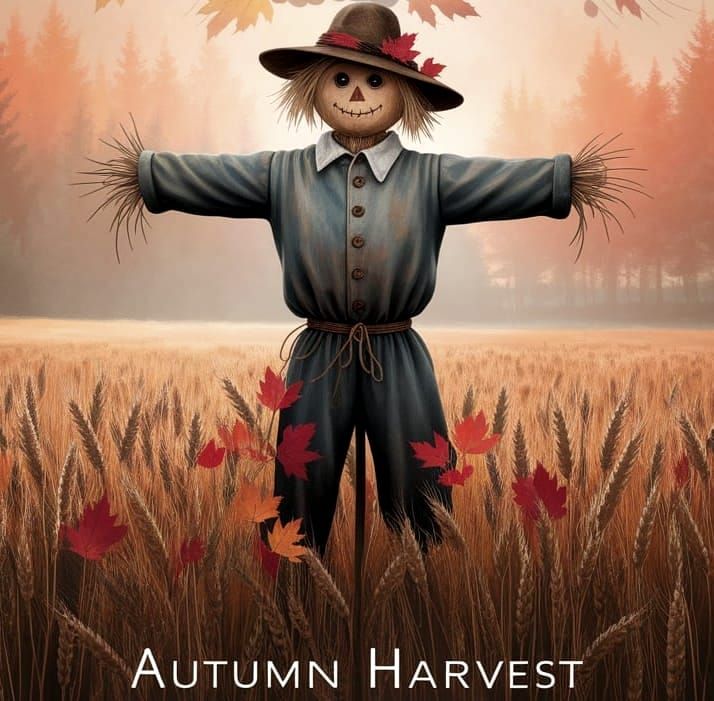 Autumn Harvest Scene with Scarecrow and Cornucopia