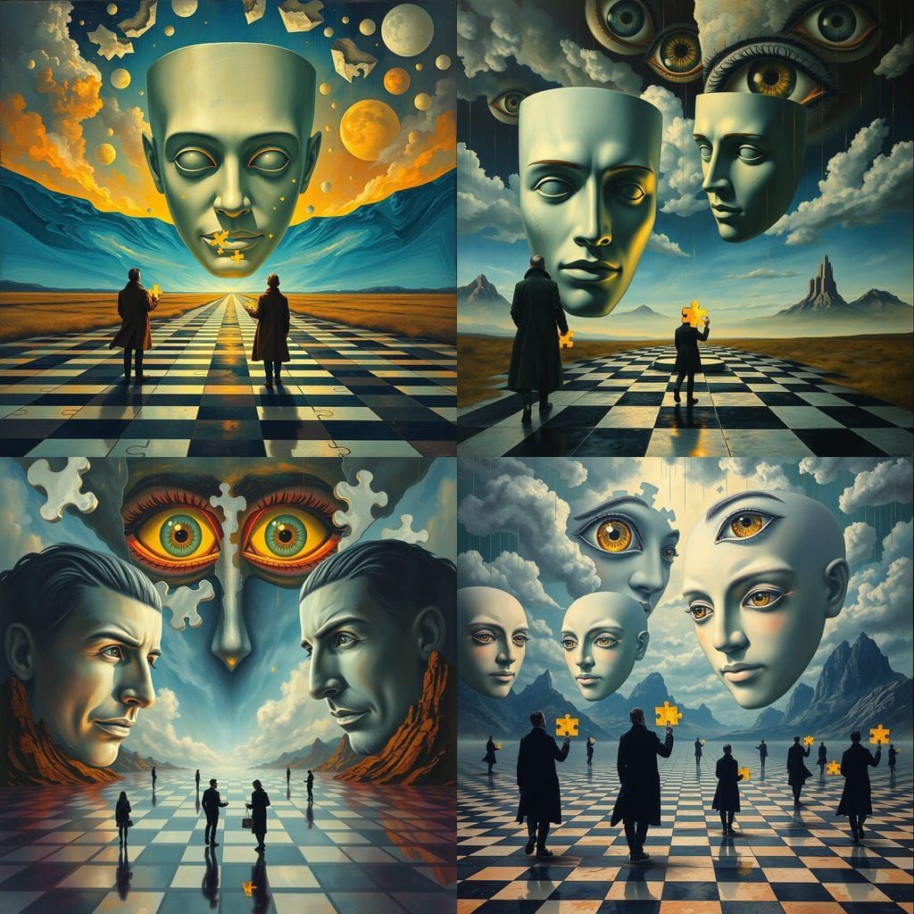 Surreal Dreamscape with Floating Masks and Silhouettes