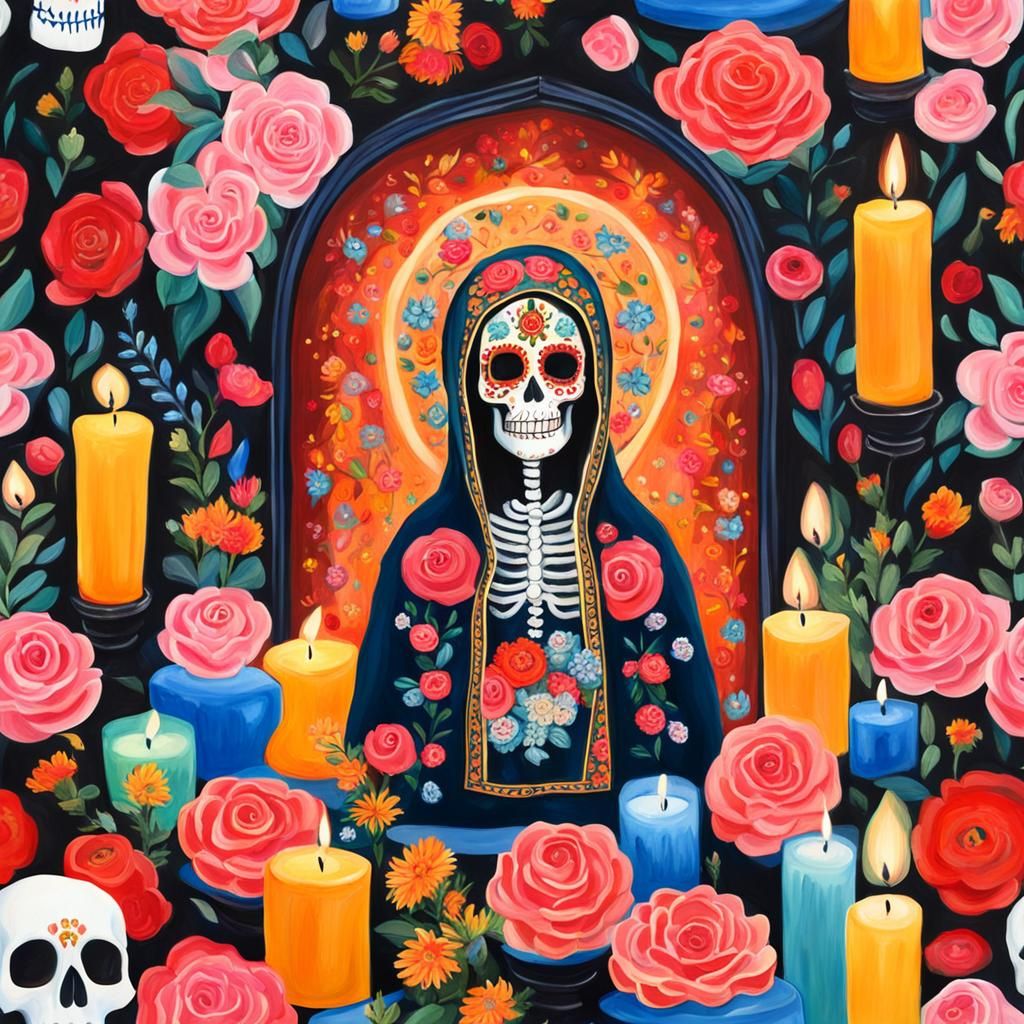 Virgen de Guadalupe Barbie Skeleton in Gouache