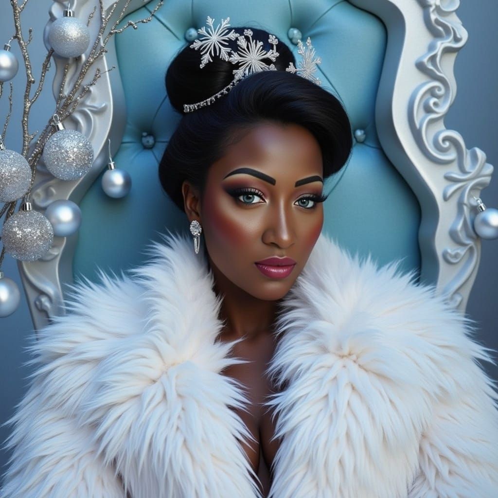 Icy Queen on Fur Throne, Detailed Matte Painting