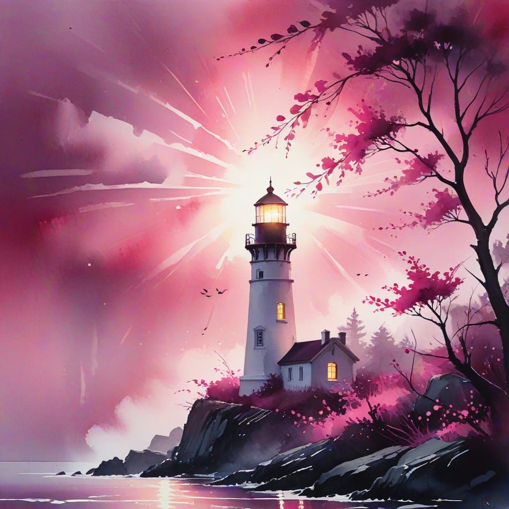 Fuchsia Lighthouse in Watercolor