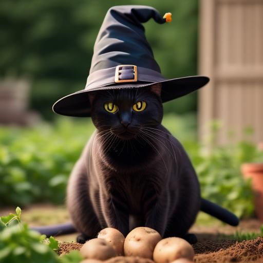 Witch Cat Gardening Potatoes in Professional Photography