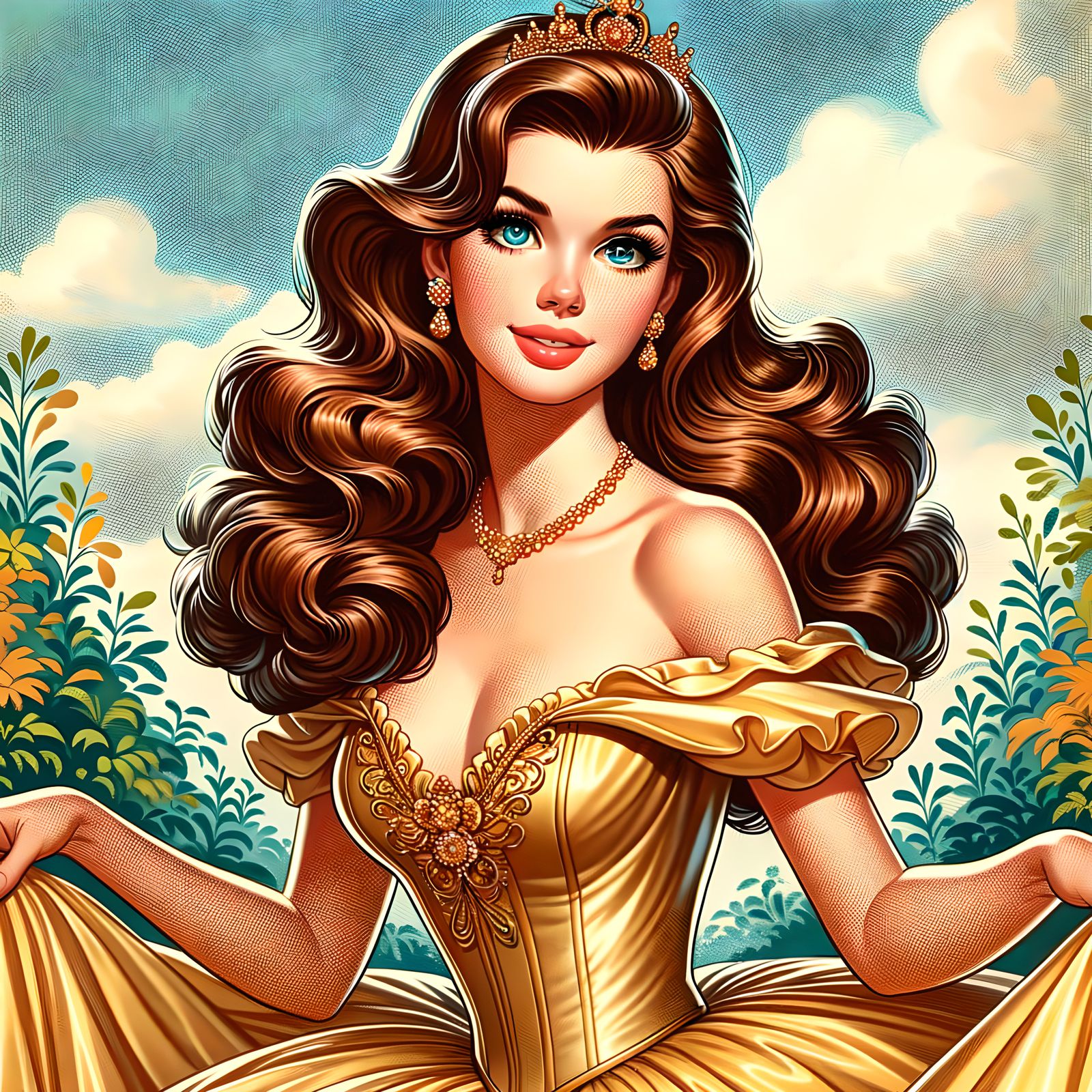 Elegant Princess in Mid-Century Illustration Style