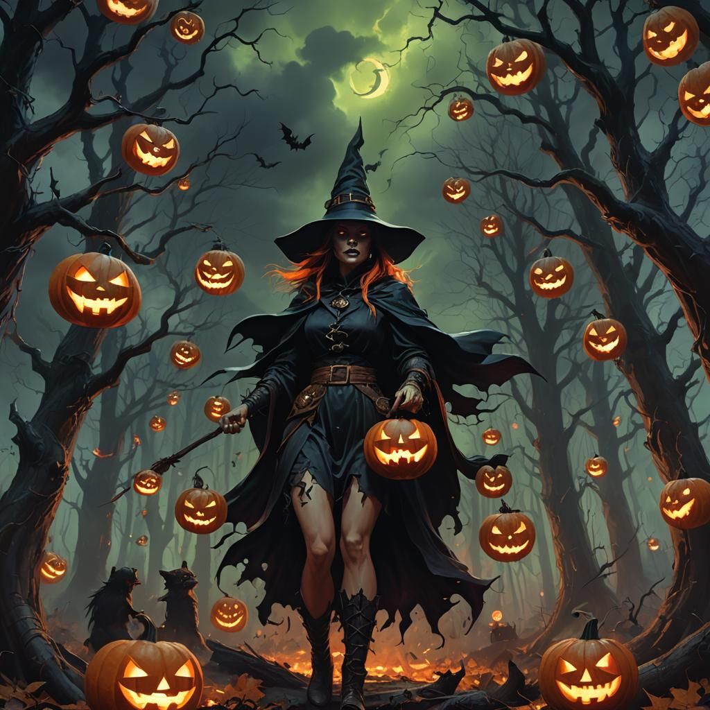 Witch and Demons in Eerie Forest, Dark Fantasy Art