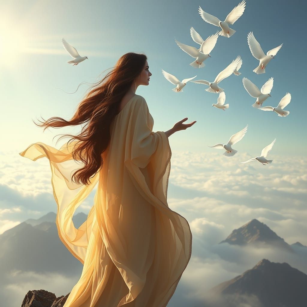 Ethereal Goddess Releasing Doves Amidst Serene Fantasy Lands...