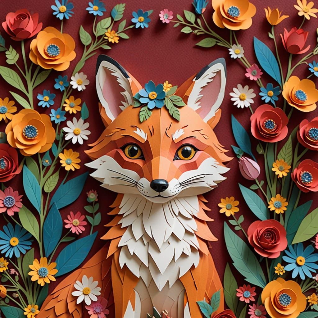 Whimsical Paper Craft Fox in Floral Crown