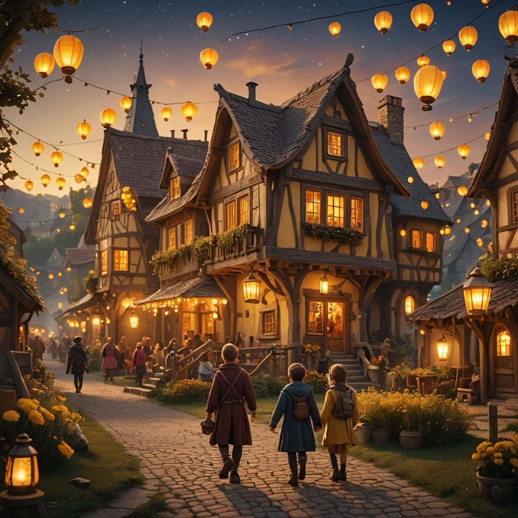 Enchanting Village Lantern Parade in Magical Realism Style