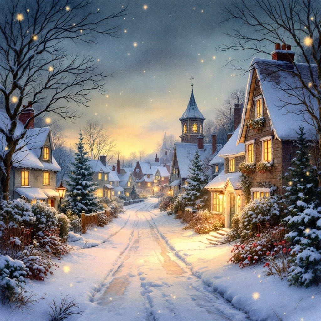 Winter Village Scene in Whimsical Watercolor Style