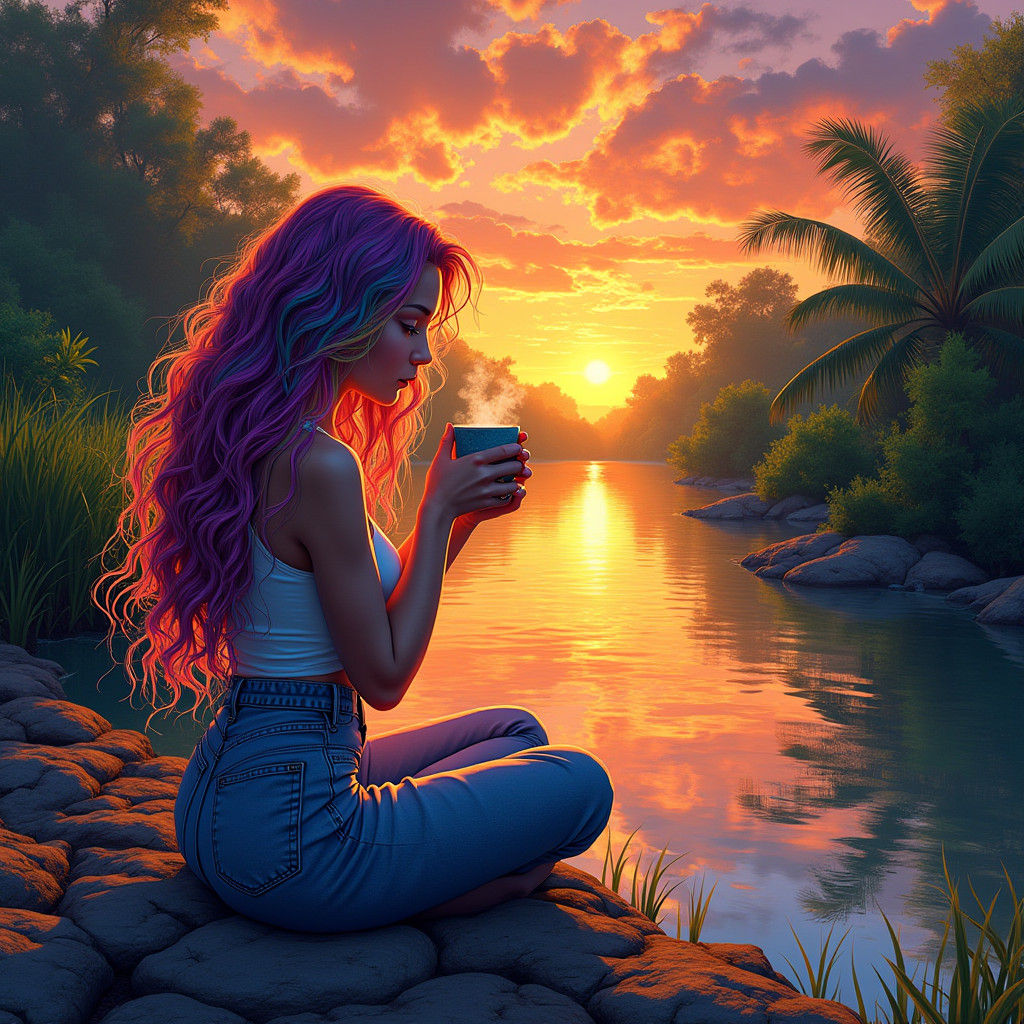 Rainbow Hair Girl at Sunset Creek, Fusion Art