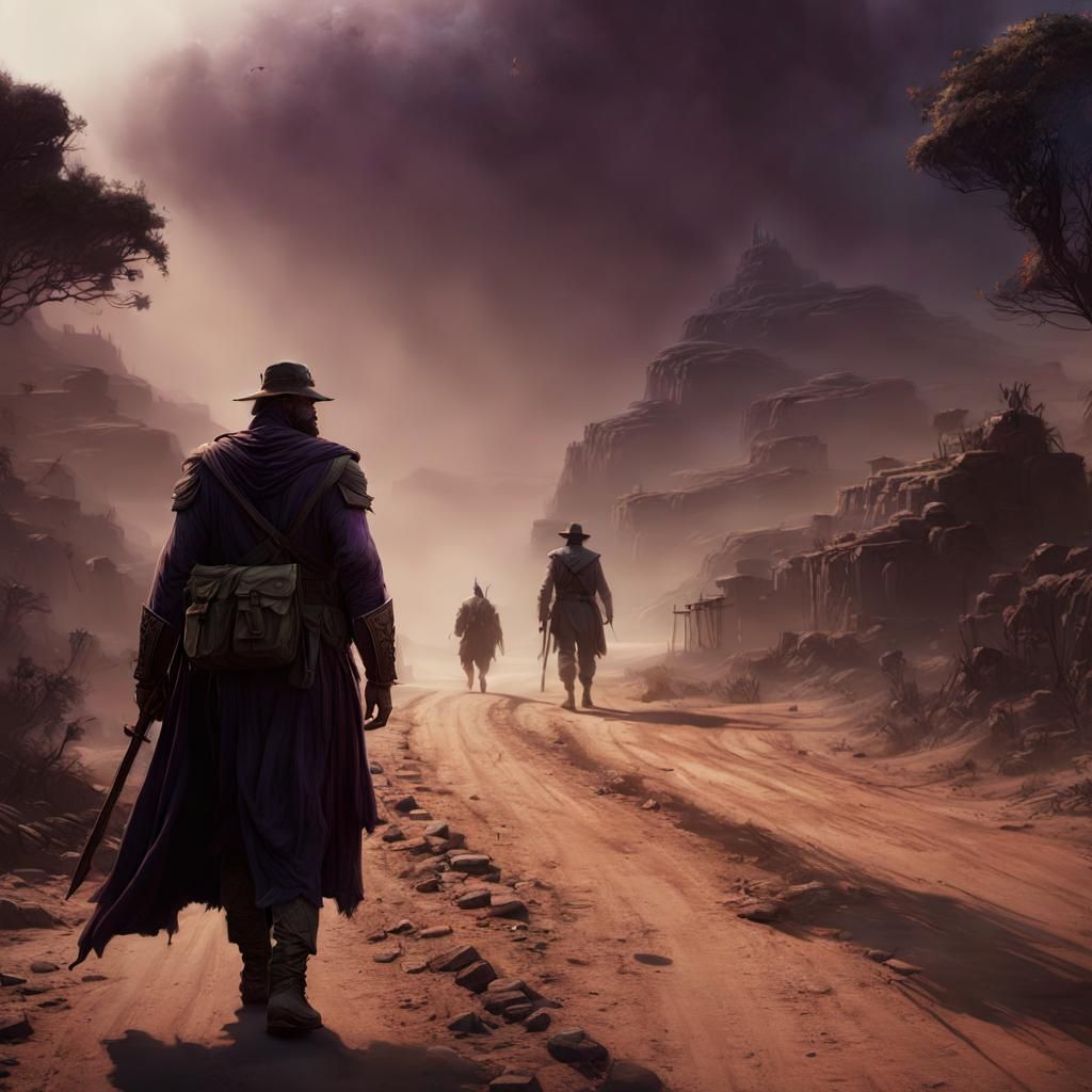 Wounded Man on Dusty Road in Dark Fantasy Art