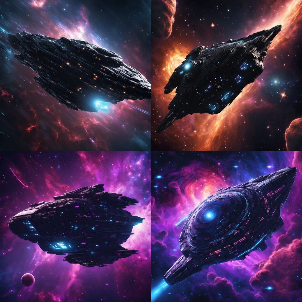 Lonely Dark Starship in Vast Nebula and Distant Stars