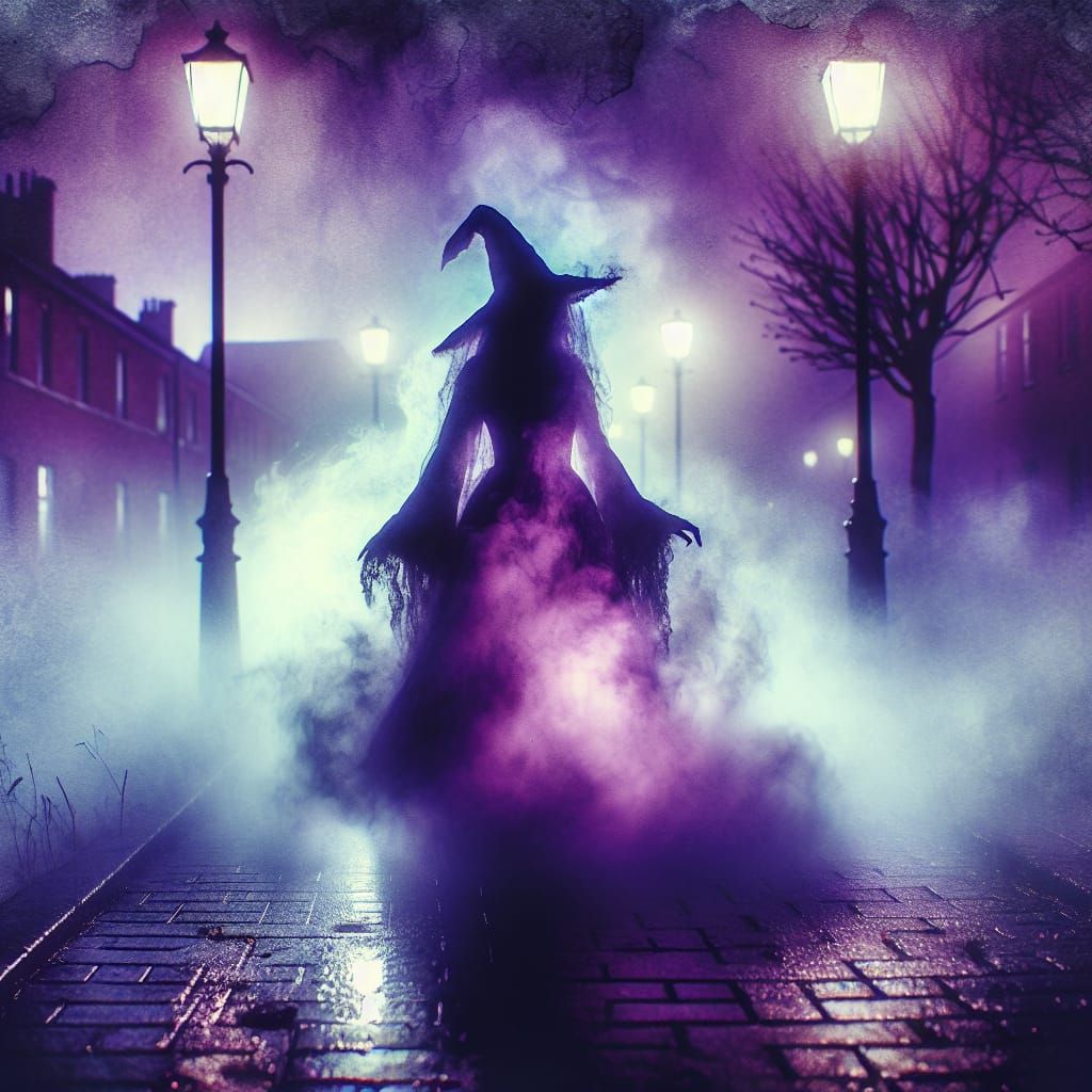 Mysterious Figure Emerges from Twilight Fog in Watercolor St...