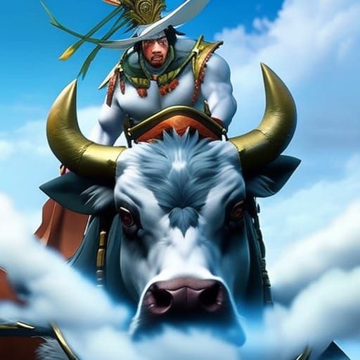 An extremely powerful anime clown riding a cow an island; Ch...