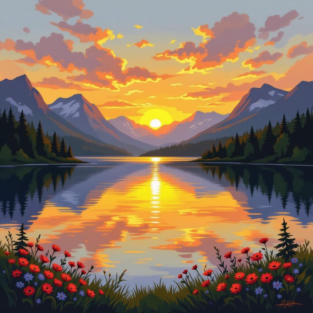 Serene Mountain Lake Sunset Reflecting Vibrant Sky