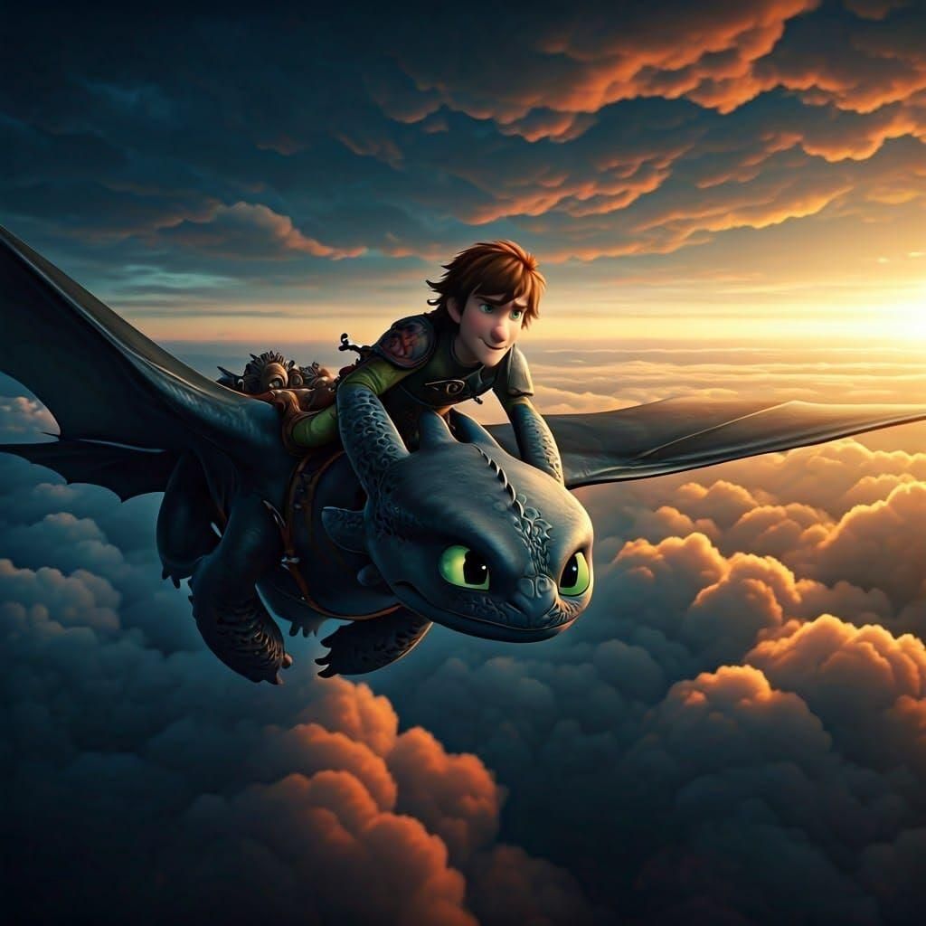 Hiccup and Toothless Fly Through Clouds