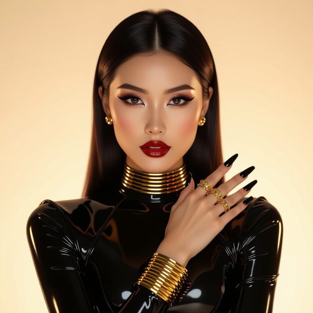 Sly Asian Woman in Latex and Gold Jewelry