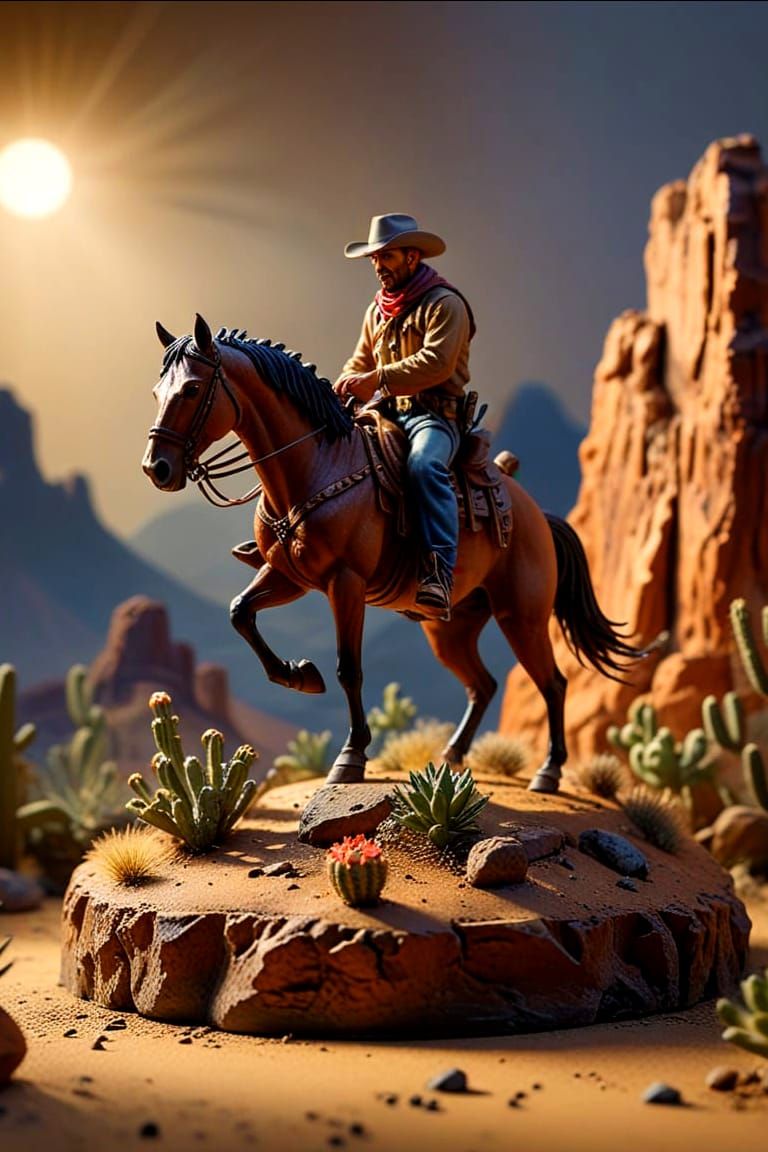 Cowboy Diorama with Bucking Horse in Miniature Western Scene