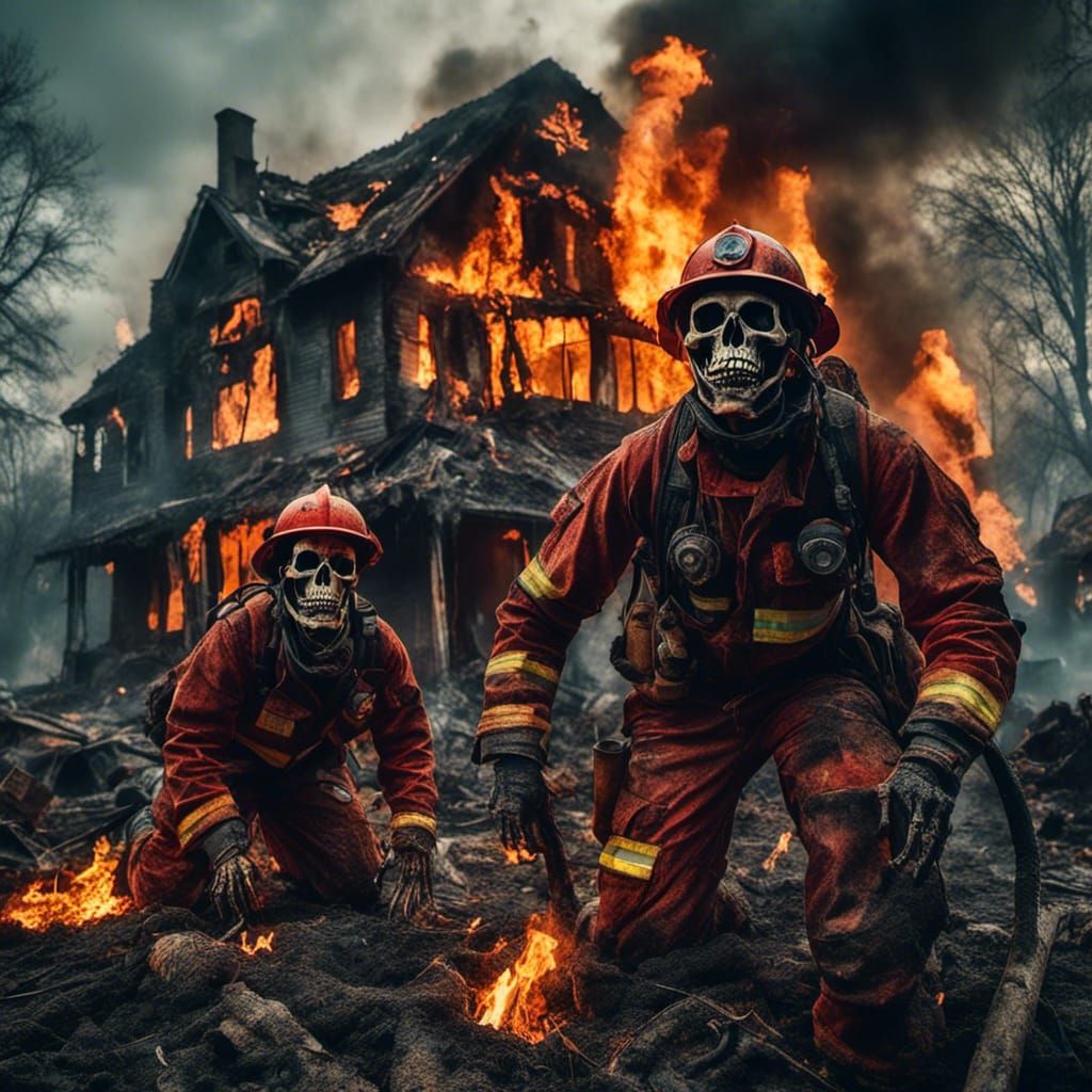 Skeletons as Firefighters Battling Blaze