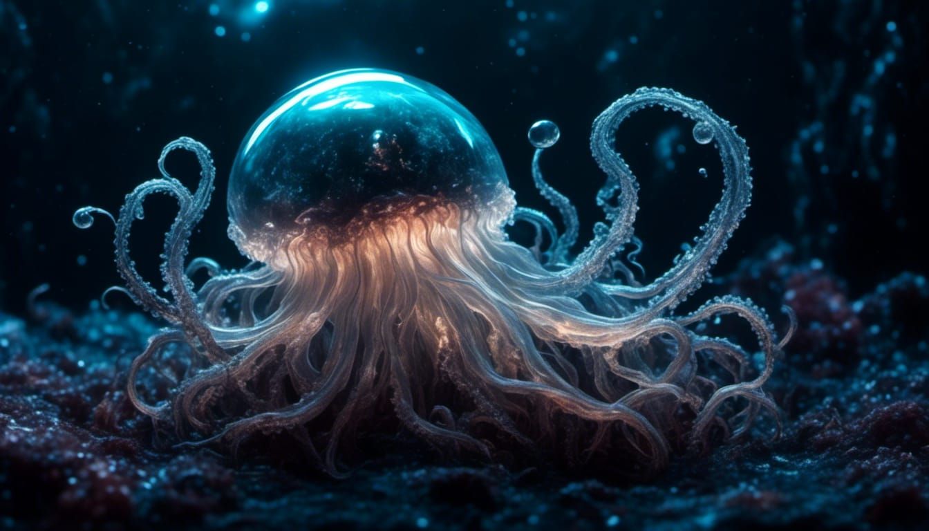 <lora:Cute monsters:1.0> <lora:Sun0fKor:1.0> glowing transluscent medusae floating in deep space with a black glass plan...