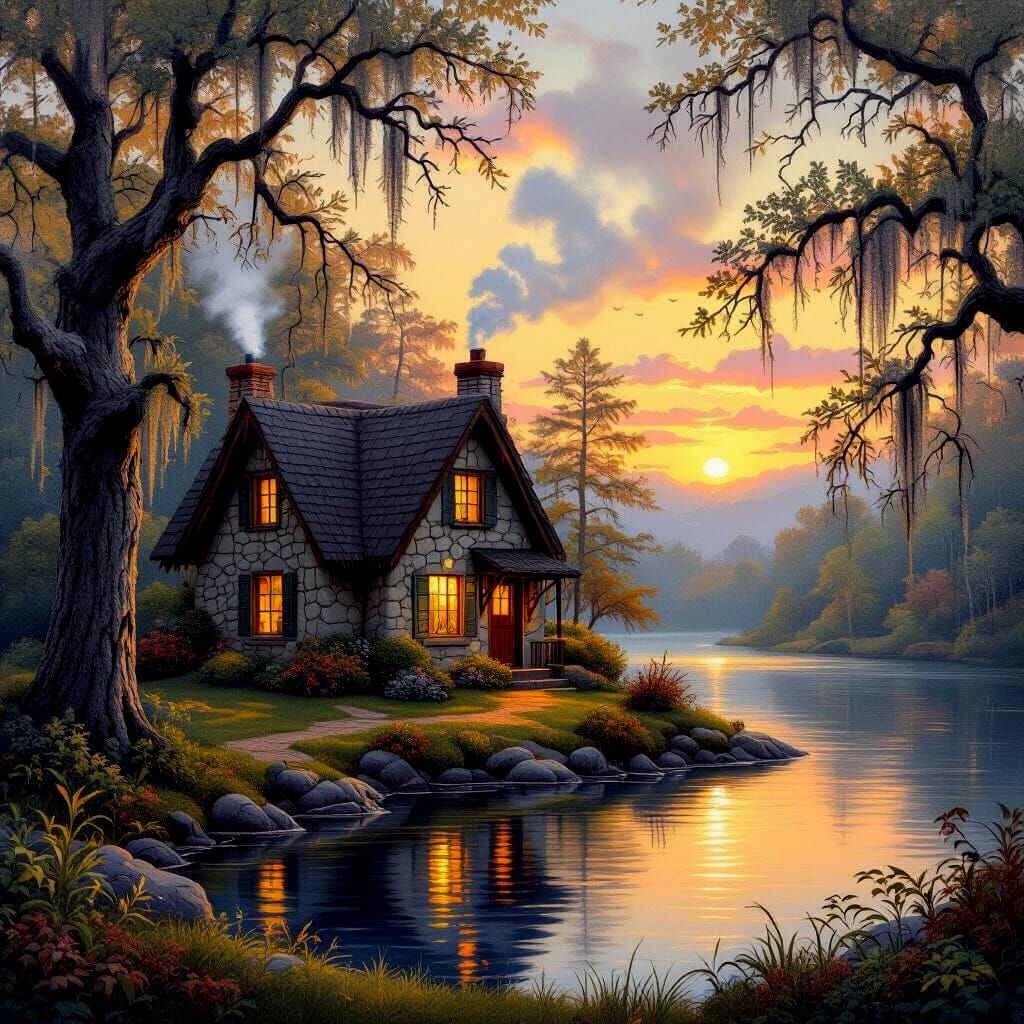 Cozy Cottage at Twilight in Painterly Style
