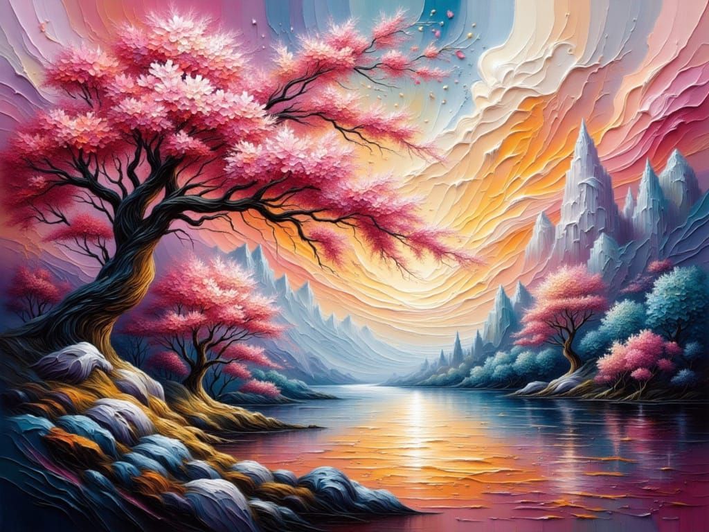 Surreal Impasto Oil Painting of Blossoming Sakura