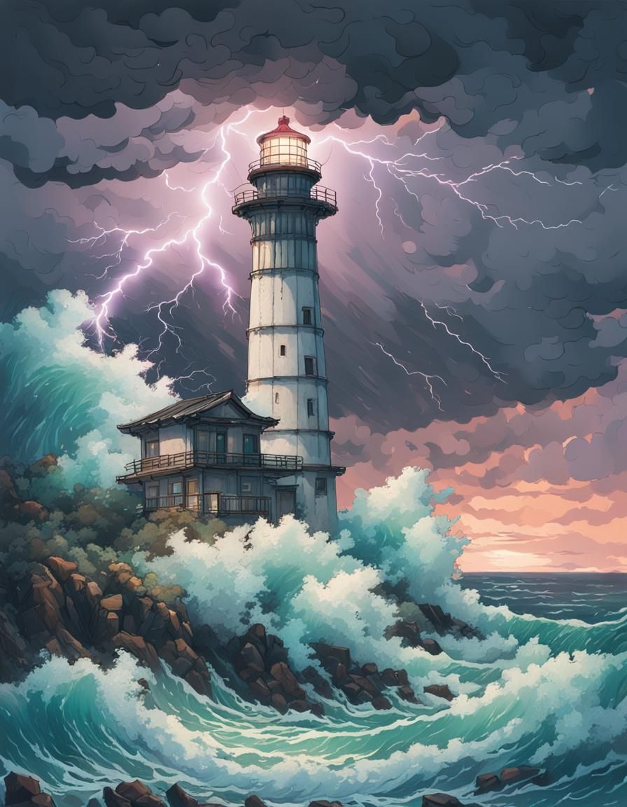 Abandoned Lighthouse in Lightning Storm: Hyperrealistic Past...