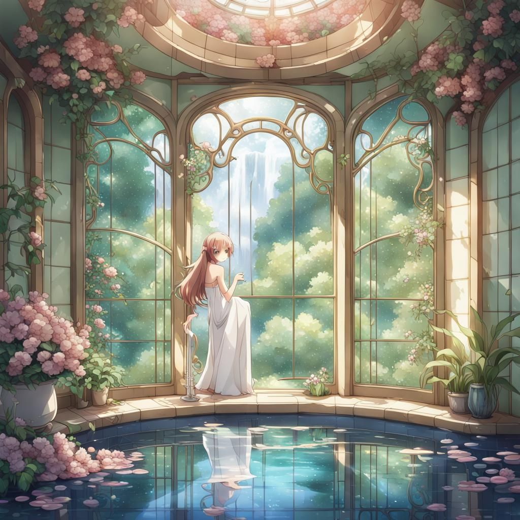 Art Nouveau Bathroom with Waterfall View