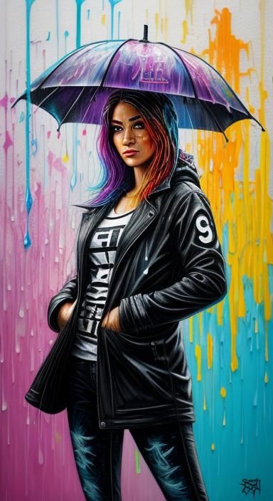Woman in Rainy City, Graffiti Street Art