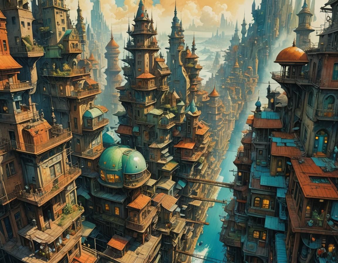 Utopian Cityscape in Pop Surrealist Watercolor