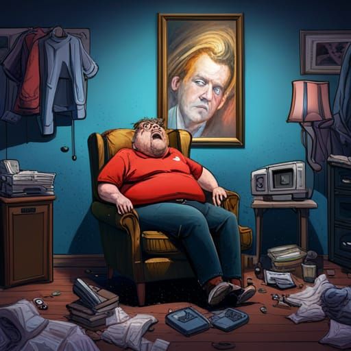 Hyperrealistic Man Watches TV in Messy Room